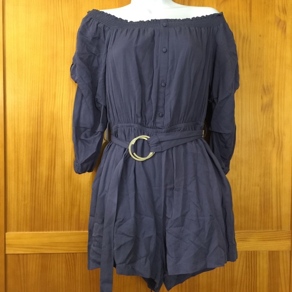 New Dusty Blue Off the Shoulder Belted Romper - Picture 3 of 6
